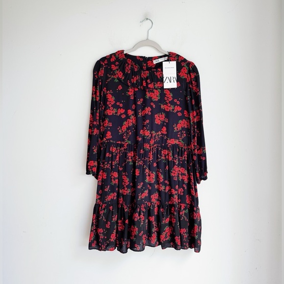 NWT ZARA Dark Floral Mini Dress Size M - Picture 6 of 7